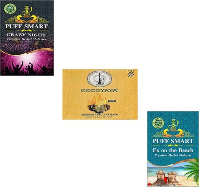 Puff Smart Premium Herbal Flavors Crazy Night, 250g Cocoyaya Coconut Coal And Ex on the Beach Hookah Charcoals(Pack of 3)