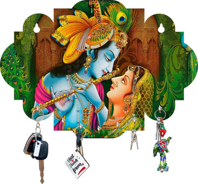 Fashion Bizz Lord Krishna Designer Wooden Key Holder with 7 Hooks Brown pack of 1 Wood Key Holder(7 Hooks, Multicolor)
