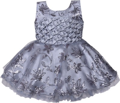 Wishkaro Girls Midi/Knee Length Party Dress(Grey, Sleeveless)