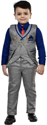 vkreation Boys Festive & Party, Wedding Shirt, Waistcoat and Pant Set(Blue Pack of 1)