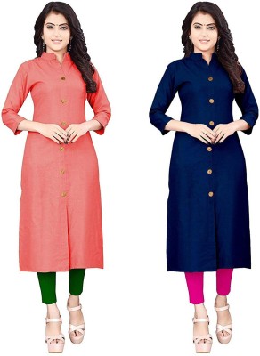 Fashion Garments Women Solid Frontslit Kurta(Blue, Pink)