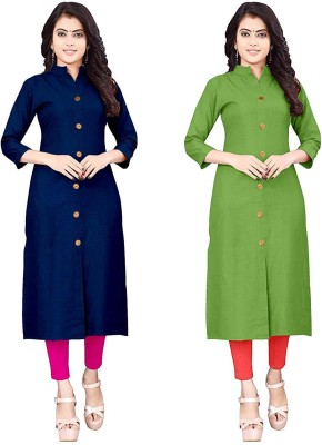 Fashion Garments Women Solid Frontslit Kurta(Green, Blue)