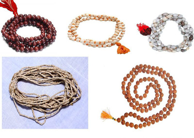 Firmus Combo of 5-108 Beads Rudraksha Mala, Red Jaap Mala,Sandalwood Jaap Mala, Vaijanti Mala and Tulsi Japa Mala (Multicolour) Beads Mother of Pearl Layered