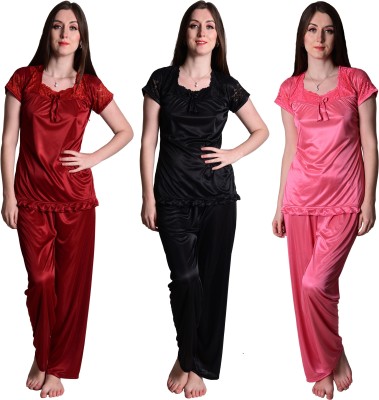 SENSLIFE Women Solid Maroon, Black, Pink Top & Pyjama Set