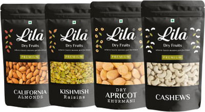 Lila Dry Fruits Premium Quality Cashew Nuts, Raisins, California Almonds, Dry Apricot Each 200gm | Kaju , Badam, Khumani, Kishmish Combo| Budget Combo Pack | Dry Fruits Combo | 800gm Almonds, Cashews, Raisins, Apricots (4 X 200 G) For Rs. 384 @ 45 %
