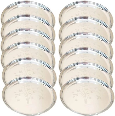 Silvester Stainless Steel Heavy Gauge Khumcha/Khomcha/Kumcha/Lunch and Dinner Plates/Thali with Mirror Finish and Beautiful Laser Design, Curved deep Wall Design-Set of 12 Dinner Plate(Pack of 12, Microwave Safe)