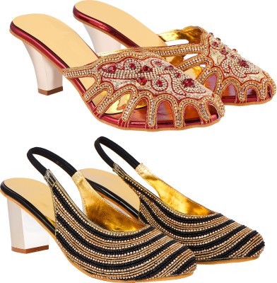 Zionk Women Heels(Maroon, Black, Gold , 10)