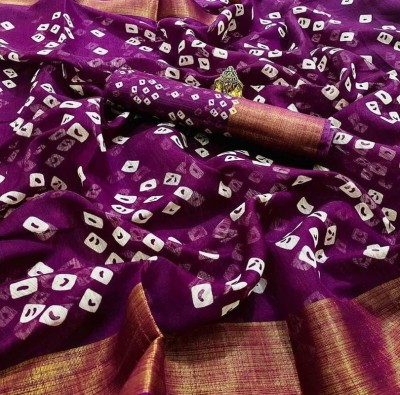 Harshiv Enterprise Printed Bandhani Cotton Blend Saree(Purple)