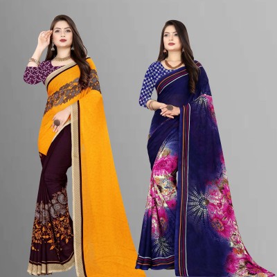 Anand Sarees Printed, Polka Print Bollywood Georgette Saree(Pack of 2, Purple, Blue, Pink)