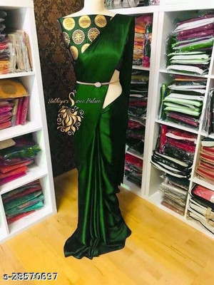 Hari Om Fab Solid/Plain Bollywood Satin Saree(Green)