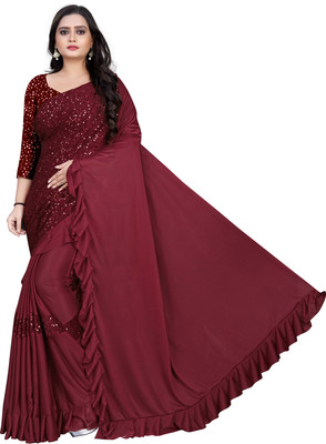 HARPITA Embellished, Solid/Plain Bollywood Lycra Blend Saree(Maroon)