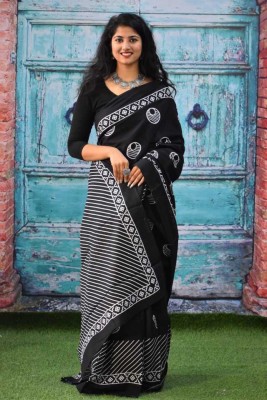 Pinkcity Trade World Printed, Color Block, Blocked Printed Daily Wear Pure Cotton Saree(White, Black)