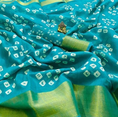 Harshiv Enterprise Printed Bandhani Cotton Blend Saree(Light Blue)