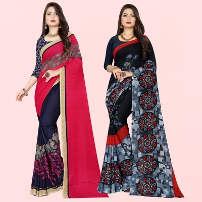 kashvi sarees Printed Bollywood Georgette Saree(Pack of 2, Purple, Black)