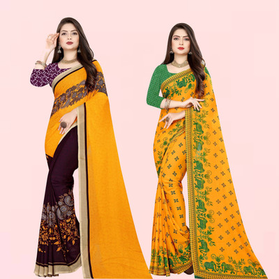 kashvi sarees Printed Bollywood Georgette Saree(Pack of 2, Purple, Green, Yellow)