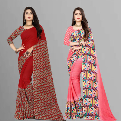 kashvi sarees Printed Bollywood Georgette Saree(Pack of 2, Purple, Pink)