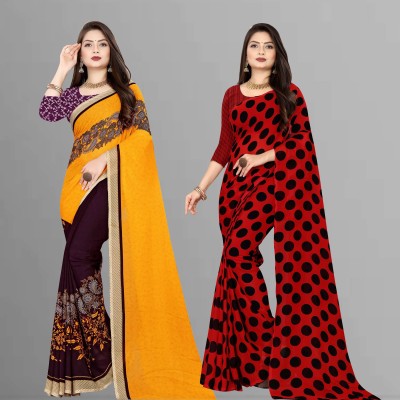 Anand Sarees Printed, Polka Print Bollywood Georgette Saree(Pack of 2, Purple, Red, Black, Yellow)