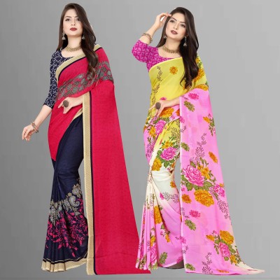 Anand Sarees Printed, Polka Print Bollywood Georgette Saree(Pack of 2, Purple, Pink)