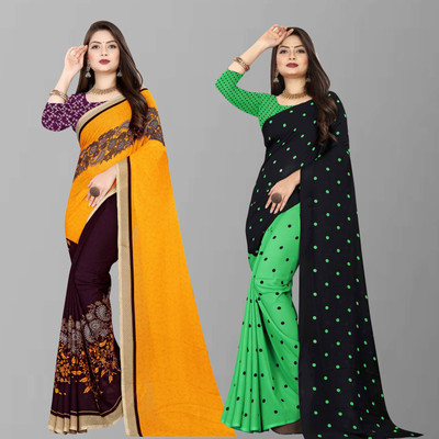 Anand Sarees Printed, Polka Print Bollywood Georgette Saree(Pack of 2, Purple, Green, Black)