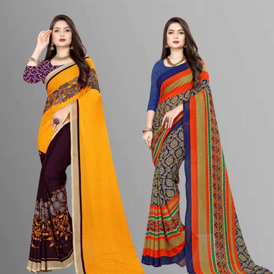 kashvi sarees Printed Bollywood Georgette Saree(Pack of 2, Purple, Blue, Orange)
