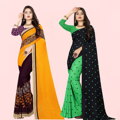 Anand Sarees Striped Bollywood Georgette Saree(Pack of 2, Purple, Green, Black)