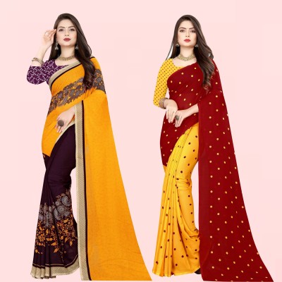 Anand Sarees Striped Bollywood Georgette Saree(Pack of 2, Purple, Red, Yellow)