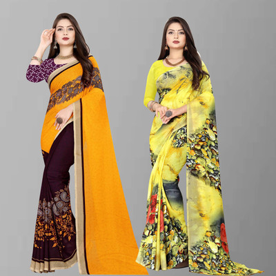 Anand Sarees Floral Print Bollywood Georgette Saree(Pack of 2, Purple, Yellow)