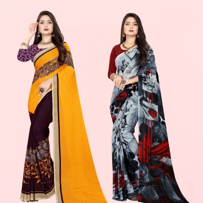 Anand Sarees Floral Print Bollywood Georgette Saree(Pack of 2, Purple, Grey)