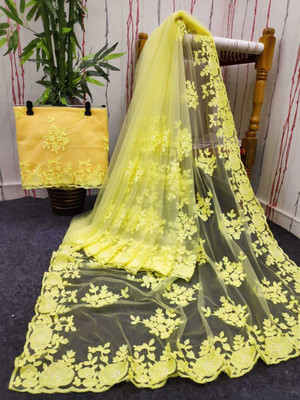 PRIVYSTORE Embroidered Bollywood Net Saree(Yellow)
