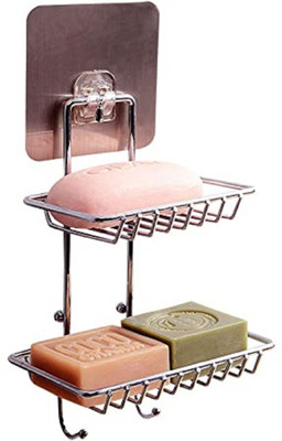DK Creation Wall Mounted Double Layer soap Dish Holder With Hanging Hooks(Silver)