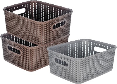 KUBER INDUSTRIES Plastic Multiuses Large M 20 Plastic Tray/Basket Without Lid-Packof 3 (Brown&Grey&Brown) Storage Basket(Pack of 3)