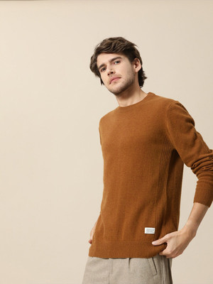 Mr Bowerbird Solid Round Neck Casual Men Brown Sweater