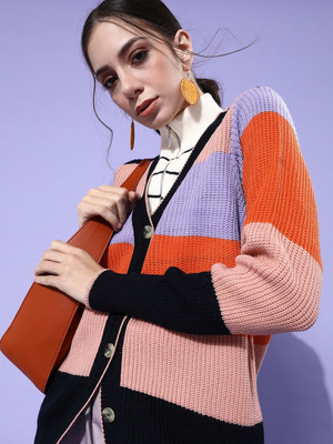 HERE&NOW Colorblock V Neck Casual Women Multicolor Sweater