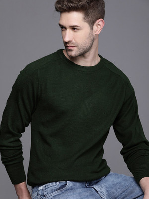 WROGN Self Design Round Neck Casual Men Green Sweater
