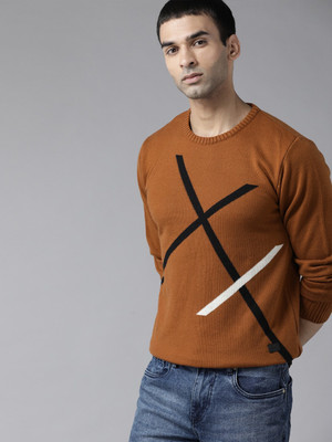 Roadster Striped Round Neck Casual Men Brown Sweater