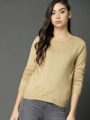 Roadster Solid Round Neck Casual Women Beige Sweater