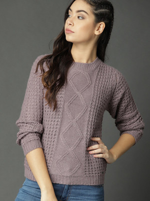 Roadster Fast and Furious Self Design Round Neck Party Women Purple Sweater