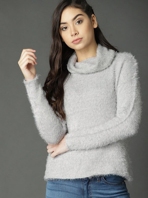 Roadster Fast and Furious Solid Turtle Neck Casual Women Grey Sweater