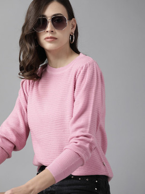 Roadster Solid Round Neck Casual Women Pink Sweater