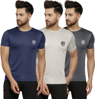 Cruister Solid Men Round Neck Beige, Grey, Navy Blue T-Shirt