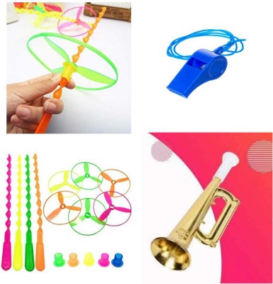 imtion 3 in 1 ( 1 Pcs Golden Horn Baza toy + 1 Pcs Bamboo Dragonfly toy + 1 pcs whistle seeti multi color toy) Birthday return gift for kids
