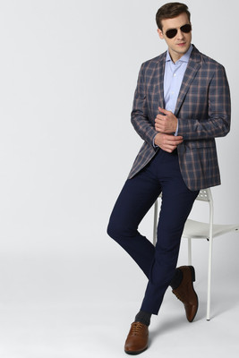 PETER ENGLAND Checkered Single Breasted Casual Men Blazer(Dark Blue)