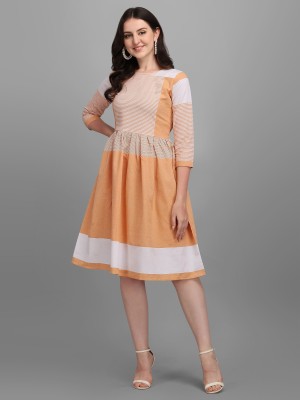 Kinjo Women Fit and Flare White, Orange Dress