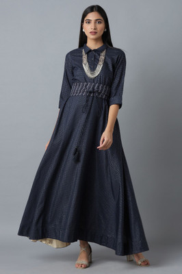 W Women Fit and Flare Blue Ankle Length Dress