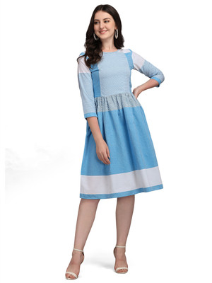 Kinjo Women Fit and Flare Light Blue Knee Length Dress