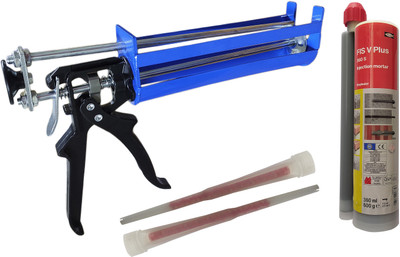 DUMDAAR Heavy duty 1pc Double Barrel caulking gun General-purpose Glue Manual Silicone Glass Glue Gun Thickened with 1pc 360 ml Rebaring Chemical Injection Mortar Adhesive (Pack of 2) Standard Temperature Cordless Glue Gun(0 mm)