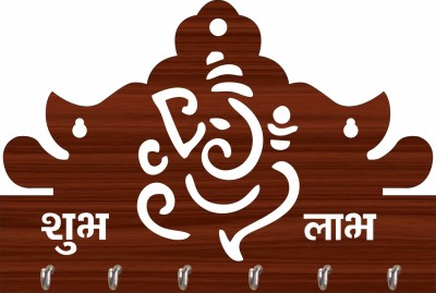 MG CRAFT Ganesh Ji Subh & Labh Wood Key Holder(6 Hooks, Brown)