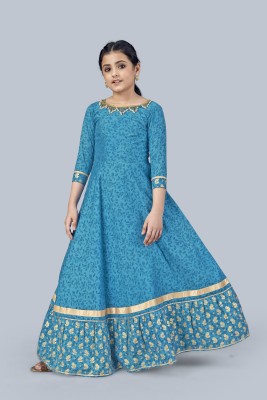 Fashion Dream Girls Maxi/Full Length Festive/Wedding Dress(Blue, 3/4 Sleeve)