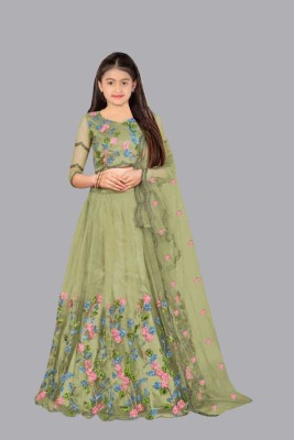 PILUDI Girls Lehenga Choli Ethnic Wear Embroidered Lehenga, Choli and Dupatta Set(Green, Pack of 1)