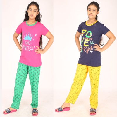 pink you fashion Kids Nightwear Girls Printed Cotton Blend(Pink Pack of 2)